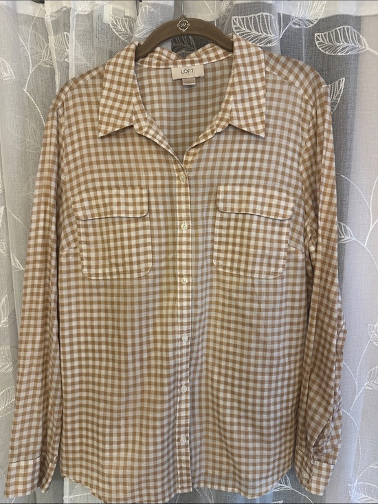 LOFT Tops - LOFT Tan and White Gingham Button-Down Shirt
